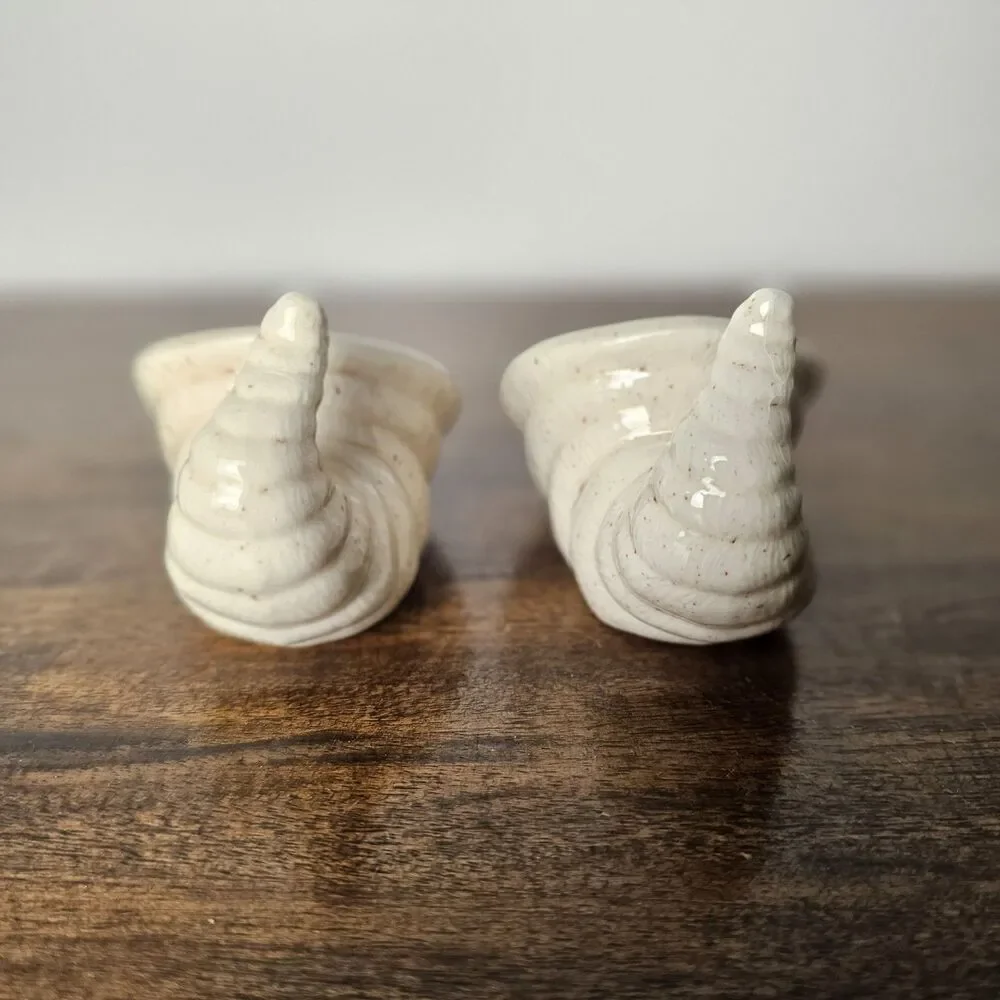 Vintage Pair of Small Speckled Ceramic Cornucopia Candle Holders - Coastal Beach
